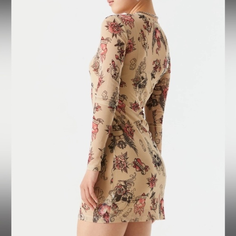 True Love Tattoo Print Mesh Long Sleeve Bodycon Dress